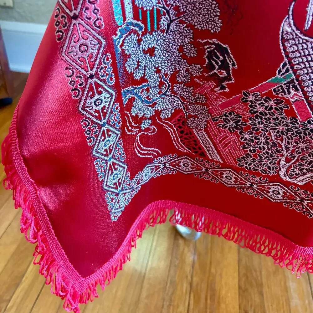Vintage Chinese Scenic Fringed Tablecloth 74x55 Red Satin Brocade Shawl Tapestry